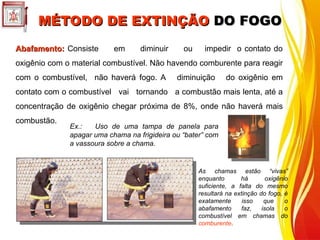 MÉTODO DE EXTINÇÃO
MÉTODO DE EXTINÇÃO DO FOGO
DO FOGO
Abafamento:
Abafamento: Consiste em diminuir ou impedir o contato do
oxigênio com o material combustível. Não havendo comburente para reagir
com o combustível, não haverá fogo. A diminuição do oxigênio em
contato com o combustível vai tornando a combustão mais lenta, até a
concentração de oxigênio chegar próxima de 8%, onde não haverá mais
combustão.
As chamas estão “vivas”
enquanto há oxigênio
suficiente, a falta do mesmo
resultará na extinção do fogo, é
exatamente isso que o
abafamento faz, isola o
combustível em chamas do
comburente.
Ex.: Uso de uma tampa de panela para
apagar uma chama na frigideira ou “bater” com
a vassoura sobre a chama.
 