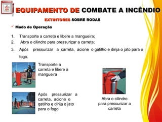  Modo de Operação
Modo de Operação
1. Transporte a carreta e libere a mangueira;
2. Abra o cilindro para pressurizar a carreta;
3. Após pressurizar a carreta, acione o gatilho e dirija o jato para o
fogo.
Transporte a
carreta e libere a
mangueira
Abra o cilindro
para pressurizar a
carreta
Após pressurizar a
carreta, acione o
gatilho e dirija o jato
para o fogo
EXTINTORES
EXTINTORES SOBRE RODAS
SOBRE RODAS
EQUIPAMENTO DE
EQUIPAMENTO DE COMBATE A INCÊNDIO
COMBATE A INCÊNDIO
 