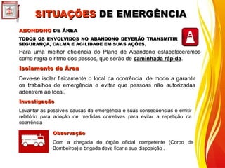 ABONDONO
ABONDONO DE ÁREA
DE ÁREA
Para uma melhor eficiência do Plano de Abandono estabeleceremos
como regra o ritmo dos passos, que serão de caminhada rápida.
01
Isolamento de Área
Isolamento de Área
Deve-se isolar fisicamente o local da ocorrência, de modo a garantir
os trabalhos de emergência e evitar que pessoas não autorizadas
adentrem ao local.
Investigação
Investigação
Levantar as possíveis causas da emergência e suas conseqüências e emitir
relatório para adoção de medidas corretivas para evitar a repetição da
ocorrência
Observação
Observação
Com a chegada do órgão oficial competente (Corpo de
Bombeiros) a brigada deve ficar a sua disposição .
SITUAÇÕES
SITUAÇÕES DE EMERGÊNCIA
DE EMERGÊNCIA
TODOS OS ENVOLVIDOS NO ABANDONO DEVERÃO TRANSMITIR
TODOS OS ENVOLVIDOS NO ABANDONO DEVERÃO TRANSMITIR
SEGURANÇA, CALMA E AGILIDADE EM SUAS AÇÕES.
SEGURANÇA, CALMA E AGILIDADE EM SUAS AÇÕES.
 