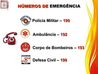 NÚMEROS DE
NÚMEROS DE EMERGÊNCIA
EMERGÊNCIA
Corpo de Bombeiros –
Corpo de Bombeiros – 193
193
Polícia Militar –
Polícia Militar – 190
190
Ambulância –
Ambulância – 192
192
Defesa Civil –
Defesa Civil – 199
199
 