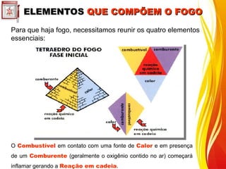 ELEMENTOS
ELEMENTOS QUE COMPÕEM O FOGO
QUE COMPÕEM O FOGO
Para que haja fogo, necessitamos reunir os quatro elementos
essenciais:
O Combustível em contato com uma fonte de Calor e em presença
de um Comburente (geralmente o oxigênio contido no ar) começará
inflamar gerando a Reação em cadeia.
 