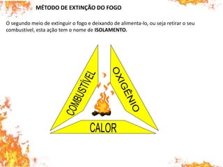 MÉTODO DE EXTINÇÃO DO FOGO
O segundo meio de extinguir o fogo e deixando de alimenta-lo, ou seja retirar o seu
combustível, esta ação tem o nome de ISOLAMENTO.
 