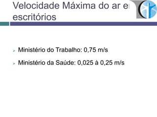 Velocidade Máxima do ar em
escritórios
 Ministério do Trabalho: 0,75 m/s
 Ministério da Saúde: 0,025 à 0,25 m/s
 