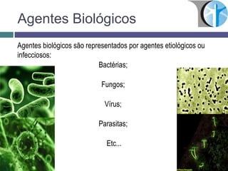 Agentes Biológicos
Agentes biológicos são representados por agentes etiológicos ou
infecciosos:
Bactérias;
Fungos;
Vírus;
Parasitas;
Etc...
 