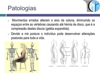 Patologias
 Movimentos errados alteram o eixo da coluna, diminuindo os
espaços entre as vértebras causando até hérnia de disco, que é a
compressão destes discos (geléia expandida).
 Devido a má postura o indivíduo pode desenvolver alterações
posturais para toda a vida.
 