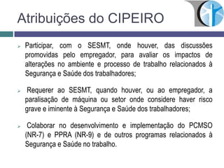  Participar, com o SESMT, onde houver, das discussões
promovidas pelo empregador, para avaliar os impactos de
alterações no ambiente e processo de trabalho relacionados à
Segurança e Saúde dos trabalhadores;
 Requerer ao SESMT, quando houver, ou ao empregador, a
paralisação de máquina ou setor onde considere haver risco
grave e iminente à Segurança e Saúde dos trabalhadores;
 Colaborar no desenvolvimento e implementação do PCMSO
(NR-7) e PPRA (NR-9) e de outros programas relacionados à
Segurança e Saúde no trabalho.
Atribuições do CIPEIRO
 