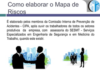 Como elaborar o Mapa de
Riscos
É elaborado pelos membros da Comissão Interna de Prevenção de
Acidentes - CIPA, após ouvir os trabalhadores de todos os setores
produtivos da empresa, com assessoria do SESMT - Serviços
Especializados em Engenharia de Segurança e em Medicina do
Trabalho, quando este existir.
 