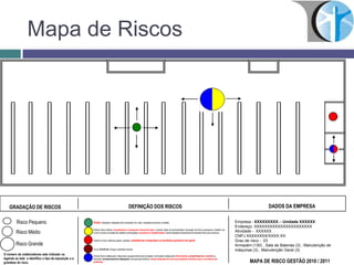 Mapa de Riscos
MAPA DE RISCO GESTÃO 2010 / 2011
DADOS DA EMPRESAGRADAÇÃO DE RISCOS
Risco Pequeno
Risco Médio
Risco Grande
DEFINIÇÃO DOS RISCOS
Ruído; vibrações; radiações não ionizantes;frio; calor; pressões anormais; umidade.
Poeiras; fumos; neblinas; gases; vapores; substâncias compostas ou produtos químicos em geral.
Vírus; bactérias; fungos; parasitas; bacilos.
Esforço físico intenso; levantamento e transporte manual de peso; controle rígido de produtividade; imposição de ritmos excessivos; trabalho em
turno e noturno; jornadas de trabalho prolongadas; monotonia e repetitividade; outras situaçõescausadoras de estresse físicoe/ou psíquico.
Arranjo físicoinadequado; máquinase equipamentossem proteção; iluminaçãoinadequada; Eletricidade; probabilidade de incêndio ou
explosão; armazenamentoinadequado; animaispeçonhentos; outras situações de risco que poderão contribuir para a ocorrência de
acidentes.
O número de colaboradores esta indicado na
legenda ao lado e identifica o tipo de exposição e a
grandeza do risco.
Empresa - XXXXXXXXX. - Unidade XXXXXX
Endereço: XXXXXXXXXXXXXXXXXXXXXX
Atividade - XXXXXX
CNPJ XXXXXXXX/XXXX-XX
Grau de risco - 03
Armazém (130) , Sala de Baterias (3) , Manutenção de
máquinas (3) , Manutenção Geral (3)
 