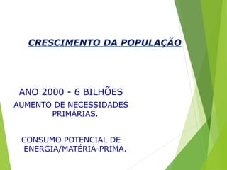 CRESCIMENTO DA POPULAÇÃO
ANO 2000 - 6 BILHÕES
AUMENTO DE NECESSIDADES
PRIMÁRIAS.
CONSUMO POTENCIAL DE
ENERGIA/MATÉRIA-PRIMA.
 