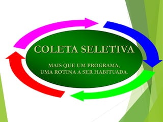 COLETA SELETIVA
MAIS QUE UM PROGRAMA,
UMA ROTINA A SER HABITUADA.
 