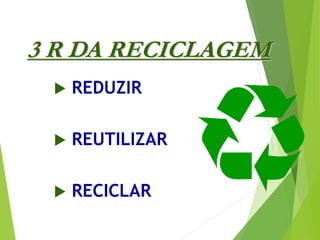 3 R DA RECICLAGEM
 REDUZIR
 REUTILIZAR
 RECICLAR
 