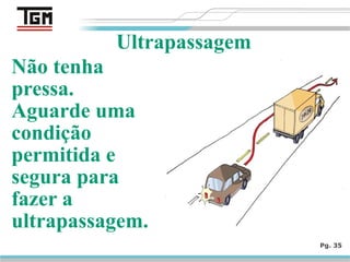 Não tenha
pressa.
Aguarde uma
condição
permitida e
segura para
fazer a
ultrapassagem.
Pg. 35
Ultrapassagem
 