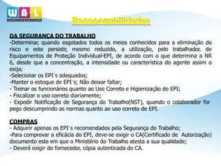 DA SEGURANÇA DO TRABALHO
-Determinar, quando esgotados todos os meios conhecidos para a eliminação do
risco e este persistir, mesmo reduzido, a utilização, pelo trabalhador, de
Equipamentos de Proteção Individual-EPI, de acordo com o que determina a NR
6, desde que a concentração, a intensidade ou característica do agente assim o
exija;
-Selecionar os EPI´s adequados;
-Manter o estoque de EPI´s; Não deixar faltar;
- Treinar os funcionários quanto ao Uso Correto e Higienização do EPI;
- Fiscalizar o uso correto diariamente;
- Expedir Notificação de Segurança do Trabalho(NST), quando o colaborador for
pego descumprindo as normas quanto ao uso correto de EPI.
COMPRAS
- Adquirir apenas os EPI´s recomendados pela Segurança do Trabalho;
-Para comprovar a eficácia do EPI, deve-se exigir o CA(Certificado de Autorização)
documento este em que o Ministério do Trabalho atesta a sua qualidade;
- Deverá exigir do fornecedor, cópia autenticada do CA.
Responsabilidades
 