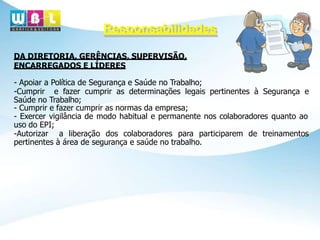 DA DIRETORIA, GERÊNCIAS, SUPERVISÃO,
ENCARREGADOS E LÍDERES
- Apoiar a Política de Segurança e Saúde no Trabalho;
-Cumprir e fazer cumprir as determinações legais pertinentes à Segurança e
Saúde no Trabalho;
- Cumprir e fazer cumprir as normas da empresa;
- Exercer vigilância de modo habitual e permanente nos colaboradores quanto ao
uso do EPI;
-Autorizar a liberação dos colaboradores para participarem de treinamentos
pertinentes à área de segurança e saúde no trabalho.
Responsabilidades
 