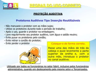 REGRAS DO USO CORRETO
PROTEÇÃO AUDITIVA
Protetores Auditivos Tipo Inserção Reutilizáveis
- Não manuseie o protetor com as mãos sujas;
- Utilize os protetores durante todo o período de trabalho;
- Após o uso, guarde o protetor na embalagem;
- Lave regularmente seu protetor auditivo, com água e sabão neutro;
- Evite puxar os protetores pelo cordão;
- Evite retirar o cordão do protetor;
- Evite perder o protetor
Utilizado por todos os funcionários no setor fabril, inclusive pelos funcionários
administrativo, quando em deslocamento pelo mesmo setor e Terceirizados.
Coloque-o de forma correta.
Passe uma das mãos de trás da
cabeça e puxe levemente a parte
superior da orelha e, com a
outra mão, introduza o protetor
no canal auditivo.
 