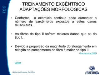Núcleo de Pesquisa Científica
TCC TREINAMENTO EXCÊNTRICO
ADAPTAÇÕES MORFOLÓGICAS
• Conforme o exercício continua pode aumentar o
número de sarcômeros expostos a estes danos
musculares.
• As fibras do tipo II sofrem maiores danos que as do
tipo I.
• Devido a proporção da magnitude do alongamento em
relação ao comprimento da fibra é maior no tipo II.
(Barroso et al 2005)
Voltar
 