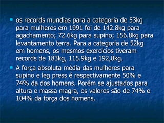 os records mundias para a categoria de 53kg para mulheres em 1991 foi de 142.8kg para agachamento; 72.6kg para supino; 156.8kg para levantamento terra. Para a categoria de 52kg em homens, os mesmos exercícios tiveram records de 183kg, 115.9kg e 192,8kg. A força absoluta média das mulheres para supino e leg press é respectivamente 50% e 74% da dos homens. Porém se ajustados para altura e massa magra, os valores são de 74% e 104% da força dos homens.   