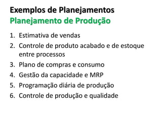 Exemplos de Planejamentos
Planejamento de Produção
1. Estimativa de vendas
2. Controle de produto acabado e de estoque
entre processos
3. Plano de compras e consumo
4. Gestão da capacidade e MRP
5. Programação diária de produção
6. Controle de produção e qualidade
 