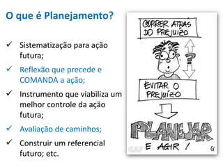 O que é Planejamento?
 Sistematização para ação
futura;
 Reflexão que precede e
COMANDA a ação;
 Instrumento que viabiliza um
melhor controle da ação
futura;
 Avaliação de caminhos;
 Construir um referencial
futuro; etc.
 