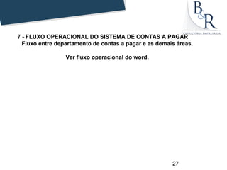 7 - FLUXO OPERACIONAL DO SISTEMA DE CONTAS A PAGAR
  Fluxo entre departamento de contas a pagar e as demais áreas.

                 Ver fluxo operacional do word.




                                                       27
 
