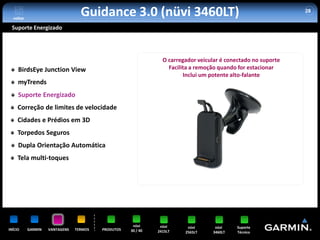 voltar
                                  Guidance 3.0 (nüvi 3460LT)                                                   28


 Suporte Energizado




                                                                O carregador veicular é conectado no suporte
     BirdsEye Junction View                                       Facilita a remoção quando for estacionar
                                                                        Inclui um potente alto-falante
     myTrends
     Suporte Energizado
     Correção de limites de velocidade
     Cidades e Prédios em 3D
     Torpedos Seguros
     Dupla Orientação Automática
     Tela multi-toques




                                                     nüvi      nüvi      nüvi      nüvi    Suporte
INÍCIO     GARMIN   VANTAGENS   TERMOS   PRODUTOS   30 / 40   2415LT    2565LT    3460LT   Técnico
 