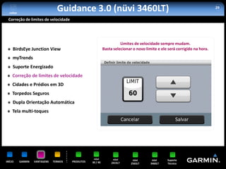 voltar
                                  Guidance 3.0 (nüvi 3460LT)                                                                 29


 Correção de limites de velocidade




                                                                        Limites de velocidade sempre mudam.
     BirdsEye Junction View                                   Basta selecionar o novo limite e ele será corrigido na hora.

     myTrends
     Suporte Energizado
     Correção de limites de velocidade
     Cidades e Prédios em 3D
     Torpedos Seguros
     Dupla Orientação Automática
     Tela multi-toques




                                                     nüvi           nüvi       nüvi       nüvi    Suporte
INÍCIO     GARMIN   VANTAGENS   TERMOS   PRODUTOS   30 / 40        2415LT     2565LT     3460LT   Técnico
 