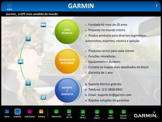 voltar
                                                         GARMIN                                                       3


 Garmin, o GPS mais vendido do mundo


                                                                          Fundada há mais de 20 anos
                                                     LÍDER                Presente no mundo inteiro
                                                    MUNDIAL
                                                                          Produz produtos para diversos segmentos:
                                                                      automotivo, esportes, náutica e aviação

                                                                          Produtos certos para cada cliente
                                                                          Funções inovadoras
                                               PRODUTOS DE
                                                QUALIDADE                 Equipamentos duráveis
                                                                          Contém os mapas mais detalhados do Brasil
                                                                          Garantia de 1 ano


                                                                          Suporte técnico gratuito
                                                SUPORTE
                                                   E                      Telefone: (11) 3858-8941
                                                GARANTIA                  Email: suporte.br@garmin.com
                                                                          Rápidas soluções de garantias



                                                        nüvi      nüvi        nüvi       nüvi    Suporte
INÍCIO     GARMIN   VANTAGENS   TERMOS   PRODUTOS      30 / 40   2415LT      2565LT     3460LT   Técnico
 