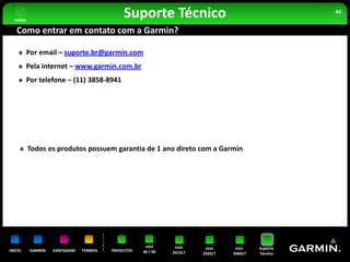 voltar
                                             Suporte Técnico                                       40


   Como entrar em contato com a Garmin?

         Por email – suporte.br@garmin.com
         Pela internet – www.garmin.com.br
         Por telefone – (11) 3858-8941




           Todos os produtos possuem garantia de 1 ano direto com a Garmin




                                                     nüvi      nüvi     nüvi     nüvi    Suporte
INÍCIO     GARMIN   VANTAGENS   TERMOS   PRODUTOS   30 / 40   2415LT   2565LT   3460LT   Técnico
 