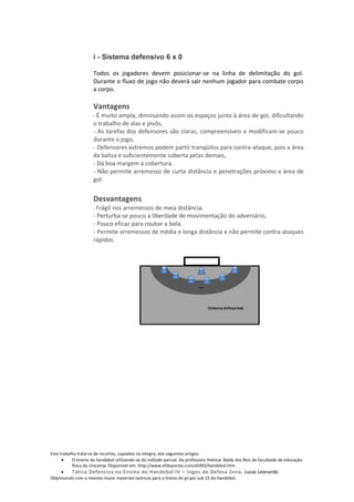 i - Sistema defensivo 6 x 0

                     Todos os jogadores devem posicionar-se na linha de delimitação do gol.
                     Durante o fluxo de jogo não deverá sair nenhum jogador para combate corpo
                     a corpo.

                     Vantagens
                     - É muito ampla, diminuindo assim os espaços junto à área de gol, dificultando
                     o trabalho de alas e pivôs,
                     - As tarefas dos defensores são claras, compreensíveis e modificam-se pouco
                     durante o jogo,
                     - Defensores extremos podem partir tranqüilos para contra-ataque, pois a área
                     da baliza é suficientemente coberta pelas demais,
                     - Dá boa margem a cobertura.
                     - Não permite arremesso de curta distância e penetrações próximo a área de
                     gol


                     Desvantagens
                     - Frágil
                            nos arremessos de meia distância,
                     - Perturba-se pouco a liberdade de movimentação do adversário,
                     - Pouco eficaz para roubar a bola.
                     - Permite arremessos de média e longa distância e não permite contra-ataques
                     rápidos.




Este trabalho trata-se de recortes, copiados na integra, dos seguintes artigos:
           O ensino do handebol utilizando-se do método parcial. Da professora Heloisa Baldy dos Reis da faculdade de educação
           física da Unicamp. Disponível em: http://www.efdeportes.com/efd93/handebol.htm
          Tática Defensiva no Ensino do Handebol IV – Jogos de Defesa Zona, Lucas Leonardo
Objetivando com o mesmo reunir materiais teóricos para o treino do grupo sub 15 do handebol.
 