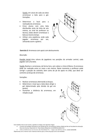 Tarefa: Um aluno de cada vez deve
               arremessar a bola para o gol.
               Variações:

               Determinar o local para a
               realização do arremesso.
               Cinco alunos com uma bola
               distribuídos atrás da linha de seis
               metros, ao sinal do professor ou
               técnico, todos devem arremessar a
               bola ao mesmo tempo.
               Utilizar uma seqüência, onde cada
               jogador arremessa por vez,
               utilizando assim o goleiro.



           Exercício 2: Arremesso com apoio com deslocamento

          Descrição:

          Posição Inicial: Uma coluna de jogadores nas posições do armador central, cada
          jogador com uma bola.

          Tarefa: Realizar o arremesso, de forma livre, sem cobrar o ritmo trifásico. O arremesso
          pode ser realizado entre os nove e seis metros. Neste momento o professor pode
          corrigir a posição do cotovelo, bem como do pé de apoio no chão, que deve ser
          contrário ao braço de arremesso.

          Variações:

               Realizar arremessos alternando os braços.
               Determinar o local que a bola deve atingir o
               gol (determinado pela divisão do gol em
               partes)
               Aumentar a distância do arremesso, em
               relação ao gol.




Este trabalho trata-se de recortes, copiados na integra, dos seguintes artigos:
           O ensino do handebol utilizando-se do método parcial. Da professora Heloisa Baldy dos Reis da faculdade de educação
           física da Unicamp. Disponível em: http://www.efdeportes.com/efd93/handebol.htm
          Tática Defensiva no Ensino do Handebol IV – Jogos de Defesa Zona, Lucas Leonardo
Objetivando com o mesmo reunir materiais teóricos para o treino do grupo sub 15 do handebol.
 