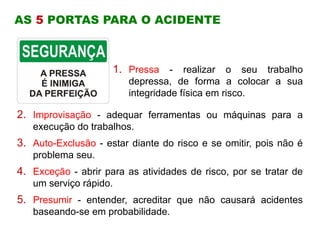 AS 5 PORTAS PARA O ACIDENTE
1. Pressa - realizar o seu trabalho depressa, de forma a colocar
a sua integridade física em risco.
2. Improvisação - adequar ferramentas ou máquinas para a
execução do trabalhos.
3. Auto-Exclusão - estar diante do risco e se omitir, pois não é
problema seu.
4. Exceção - abrir para as atividades de risco, por se tratar de
um serviço rápido.
5. Presumir - entender, acreditar que não causará acidentes
baseando-se em probabilidade.
1. Pressa - realizar o seu trabalho
depressa, de forma a colocar a sua
integridade física em risco.
 
