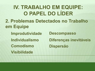 IV. TRABALHO EM EQUIPE:
O PAPEL DO LÍDER
2. Problemas Detectados no Trabalho
em Equipe
Improdutividade

Descompasso

Individualismo

Diferenças inevitáveis

Comodismo

Dispersão

Visibilidade

 