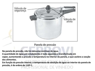 Na panela de pressão, não há consumo contínuo de água.
A quantidade de água pré estabelecida é toda aquecida e transformada em
vapor, aumentando a pressão e temperatura no interior da panela, o que acelera a cocção
dos alimentos.
Em função da pressão interna, a temperatura de ebulição da água no interior da panela de
pressão, é da ordem de 110º C.
 