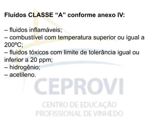 Fluídos CLASSE “A” conforme anexo IV:
– fluidos inflamáveis;
– combustível com temperatura superior ou igual a
200ºC;
– fluidos tóxicos com limite de tolerância igual ou
inferior a 20 ppm;
– hidrogênio;
– acetileno.
 
