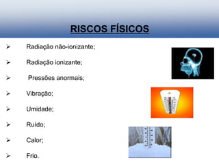  Radiação não-ionizante;
 Radiação ionizante;
 Pressões anormais;
 Vibração;
 Umidade;
 Ruído;
 Calor;
 Frio.
RISCOS FÍSICOS
 