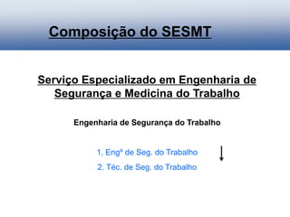 Serviço Especializado em Engenharia de
Segurança e Medicina do Trabalho
Engenharia de Segurança do Trabalho
1. Engº de Seg. do Trabalho
2. Téc. de Seg. do Trabalho
Composição do SESMT
 