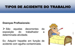 TIPOS DE ACIDENTE DO TRABALHO
Doenças Profissionais:
 São aquelas decorrentes da
exposição do trabalhador a
determinada atividade.
Ex: Adquirir hepatite em função de
acidente com agulha contaminada.
 