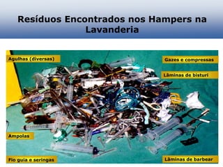 Lâminas de barbear
Fio guia e seringas
Lâminas de bisturi
Agulhas (diversas)
Ampolas
Gazes e compressas
Resíduos Encontrados nos Hampers na
Lavanderia
 