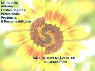 Lembre-se:
Atitudes,
Gestos Seguros,
Persistência,
Prudência,
E Responsabilidade
SÃO INDISPENSÁVEIS AO
SUCESSO !!!!!!
 
