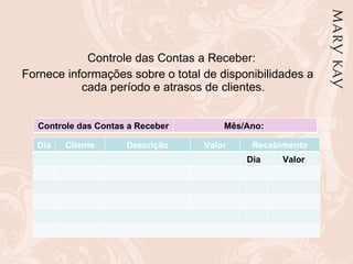 Controle das Contas a Receber:  Fornece informações sobre o total de disponibilidades a cada período e atrasos de clientes. Controle das Contas a Receber Mês/Ano:  Dia Cliente Descrição Valor Recebimento Dia Valor 