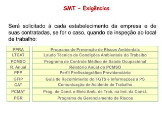 PPRA Programa de Prevenção de Riscos Ambientais
PGR Programa de Gerenciamento de Riscos
PCMAT Prog. de Cond. e Meio Amb. de Trab. na Ind. da Const.
LTCAT Laudo Técnico de Condições Ambientais do Trabalho
PCMSO Programa de Controle Médico de Saúde Ocupacional
R. Anual Relatório Anual do PCMSO
PPP Perfil Profissiográfico Previdenciário
GFIP Guia de Recolhimento do FGTS e Informações à PS
CAT Comunicação de Acidente de Trabalho
SMT – Exigências
Será solicitado à cada estabelecimento da empresa e de
suas contratadas, se for o caso, quando da inspeção ao local
de trabalho:
 