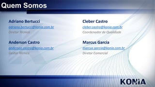 Quem Somos
Adriano Bertucci

Cleber Castro

adriano.bertucci@konia.com.br
Diretor Técnico

cleber.castro@konia.com.br
Coordenador de Qualidade

Anderson Castro

Marcus Garcia

anderson.castro@konia.com.br
Gestor Técnico

marcus.garcia@konia.com.br
Diretor Comercial

 