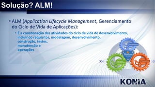 Solução? ALM!
• ALM (Application Lifecycle Management, Gerenciamento
do Ciclo de Vida de Aplicações):
• É a coordenação das atividades do ciclo de vida de desenvolvimento,
incluindo requisitos, modelagem, desenvolvimento,
construção, testes,
manutenção e
operações

 