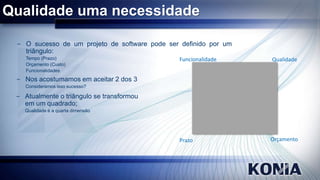 Qualidade uma necessidade
− O sucesso de um projeto de software pode ser definido por um
triângulo:
Tempo (Prazo)
Orçamento (Custo)
Funcionalidades

Funcionalidade

Qualidade

Prazo

Orçamento

− Nos acostumamos em aceitar 2 dos 3
Consideramos isso sucesso?

− Atualmente o triângulo se transformou
em um quadrado;
Qualidade é a quarta dimensão

 