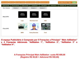 O espaço Publicitário é Composto por 5 Franquias a Principal “ Main AdStation”
e 4 Franquias Adicionais “AdStation 1”, “AdStation 2”, “AdStation 3” e
“AdStation 4”.




             A Franquias Principal Main AdStation custa R$ 600,00
                   (Registro R$ 50,00 + Adicional R$ 550,00)
 