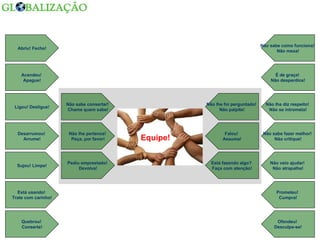 Abriu! Feche! Acendeu!  Apague! Ligou! Desligue! Desarrumou!  Arrume! Sujou! Limpe! Não sabe consertar!  Chame quem sabe! Pediu emprestado!  Devolva! Não lhe pertence!  Peça, por favor! Está usando!  Trate com carinho! Quebrou!  Conserte! Não sabe como funciona!  Não mexa! É de graça!  Não desperdice! Não lhe diz respeito!  Não se intrometa! Não sabe fazer melhor!  Não critique! Não veio ajudar!  Não atrapalhe! Não lhe foi perguntado!  Não palpite! Está fazendo algo?  Faça com atenção! Falou!  Assuma! Prometeu!  Cumpra! Ofendeu!  Desculpe-se! Equipe! 