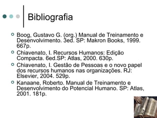 Bibliografia
   Boog, Gustavo G. (org.) Manual de Treinamento e
    Desenvolvimento. 3ed. SP: Makron Books, 1999.
    667p.
   Chiavenato, I. Recursos Humanos: Edição
    Compacta. 6ed.SP: Atlas, 2000. 630p.
   Chiavenato, I. Gestão de Pessoas e o novo papel
    dos recursos humanos nas organizações. RJ:
    Elsevier, 2004. 529p.
   Kanaane, Roberto. Manual de Treinamento e
    Desenvolvimento do Potencial Humano. SP: Atlas,
    2001. 181p.
 