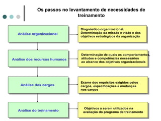 Os passos no levantamento de necessidades de
                              treinamento

                               Diagnóstico organizacional.
  Análise organizacional       Determinação da missão e visão e dos
                               objetivos estratégicos da organização




                               Determinação de quais os comportamentos,
Análise dos recursos humanos   atitudes e competências necessários
                               ao alcance dos objetivos organizacionais




                               Exame dos requisitos exigidos pelos
    Análise dos cargos         cargos, especificações e mudanças
                               nos cargos




                                 Objetivos a serem utilizados na
   Análise do treinamento       avaliação do programa de treinamento
 