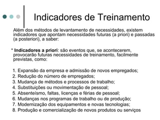 Indicadores de Treinamento
Além dos métodos de levantamento de necessidades, existem
indicadores que apontam necessidades futuras (a priori) e passadas
(a posteriori), a saber:

* Indicadores a priori: são eventos que, se acontecerem,
 provocarão futuras necessidades de treinamento, facilmente
 previstas, como:

1. Expansão da empresa e admissão de novos empregados;
2. Redução do número de empregados;
3. Mudança de métodos e processos de trabalho;
4. Substituições ou movimentação de pessoal;
5. Absenteísmo, faltas, licenças e férias de pessoal;
6. Mudanças nos programas de trabalho ou de produção;
7. Modernização dos equipamentos e novas tecnologias;
8. Produção e comercialização de novos produtos ou serviços
 