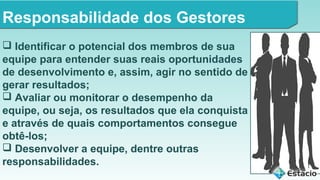 Responsabilidade dos Gestores
 Identificar o potencial dos membros de sua
equipe para entender suas reais oportunidades
de desenvolvimento e, assim, agir no sentido de
gerar resultados;
 Avaliar ou monitorar o desempenho da
equipe, ou seja, os resultados que ela conquista
e através de quais comportamentos consegue
obtê-los;
 Desenvolver a equipe, dentre outras
responsabilidades.

 